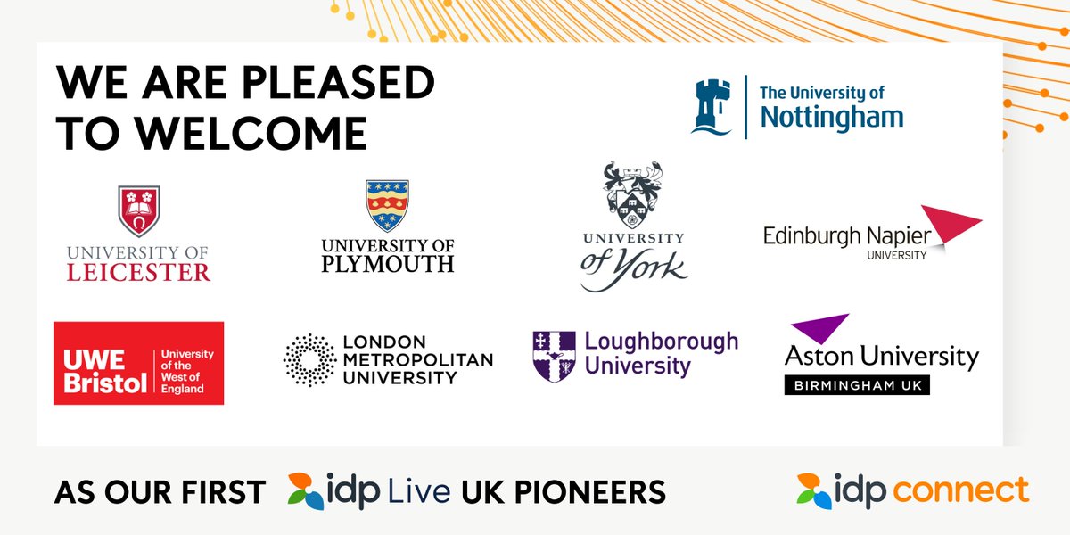 IDP_Connect's tweet photo. We are proud to announce our first IDP Live UK pioneers, helping drive the rebound of the sector - @PlymUni @UWEBristol @UniOfYork @LondonMetUni @lborouniversity @uniofleicester @UoNintstudents @EdinburghNapier @AstonSCL. Read more here: https://t.co/Lnc7YXBSNg https://t.co/ndJj5NV3hl
