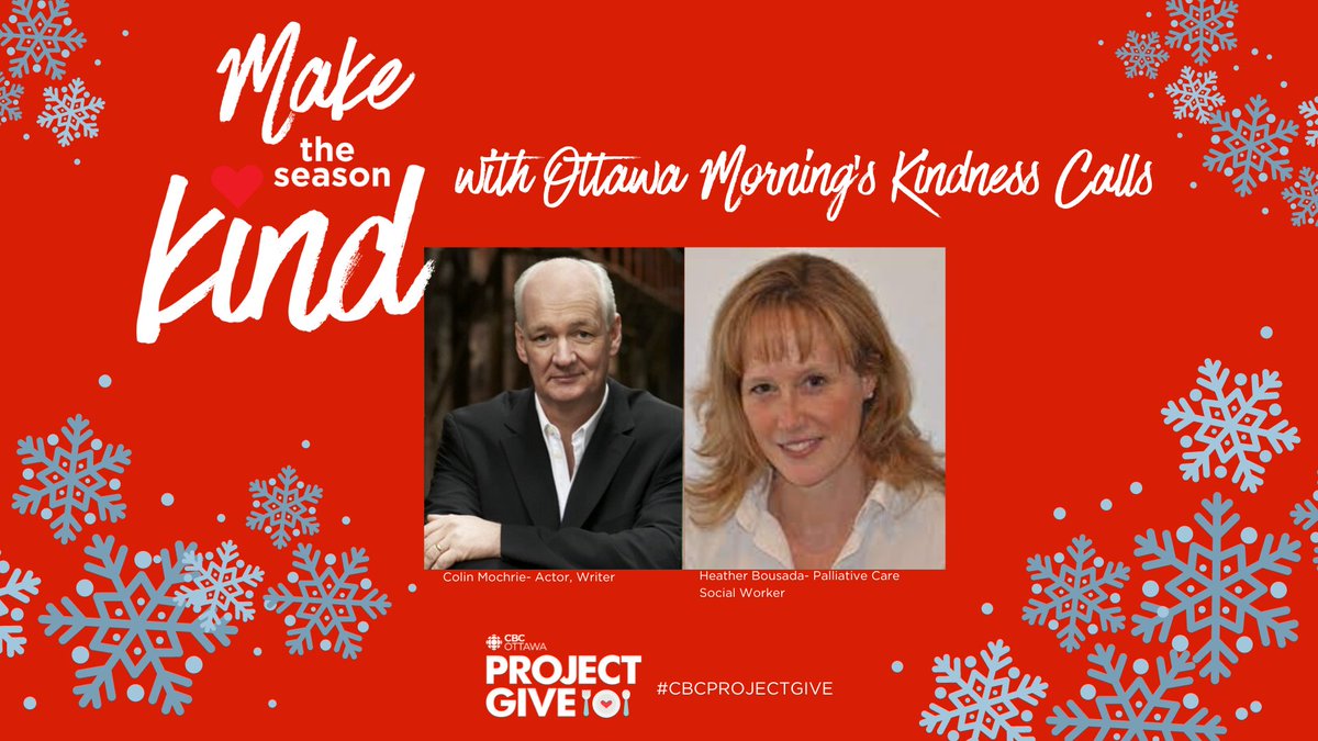 OttawaMorning's tweet photo. Hold the phone - Kindness calls are back for our annual holiday giving show! Hear the first one now with Robyn Bresnahan @GcoHeather   @colinmochrie Many more to come Thursday and Friday! #CBCProjectGive @OttawaFoodBank https://t.co/KCXEa2hYPu