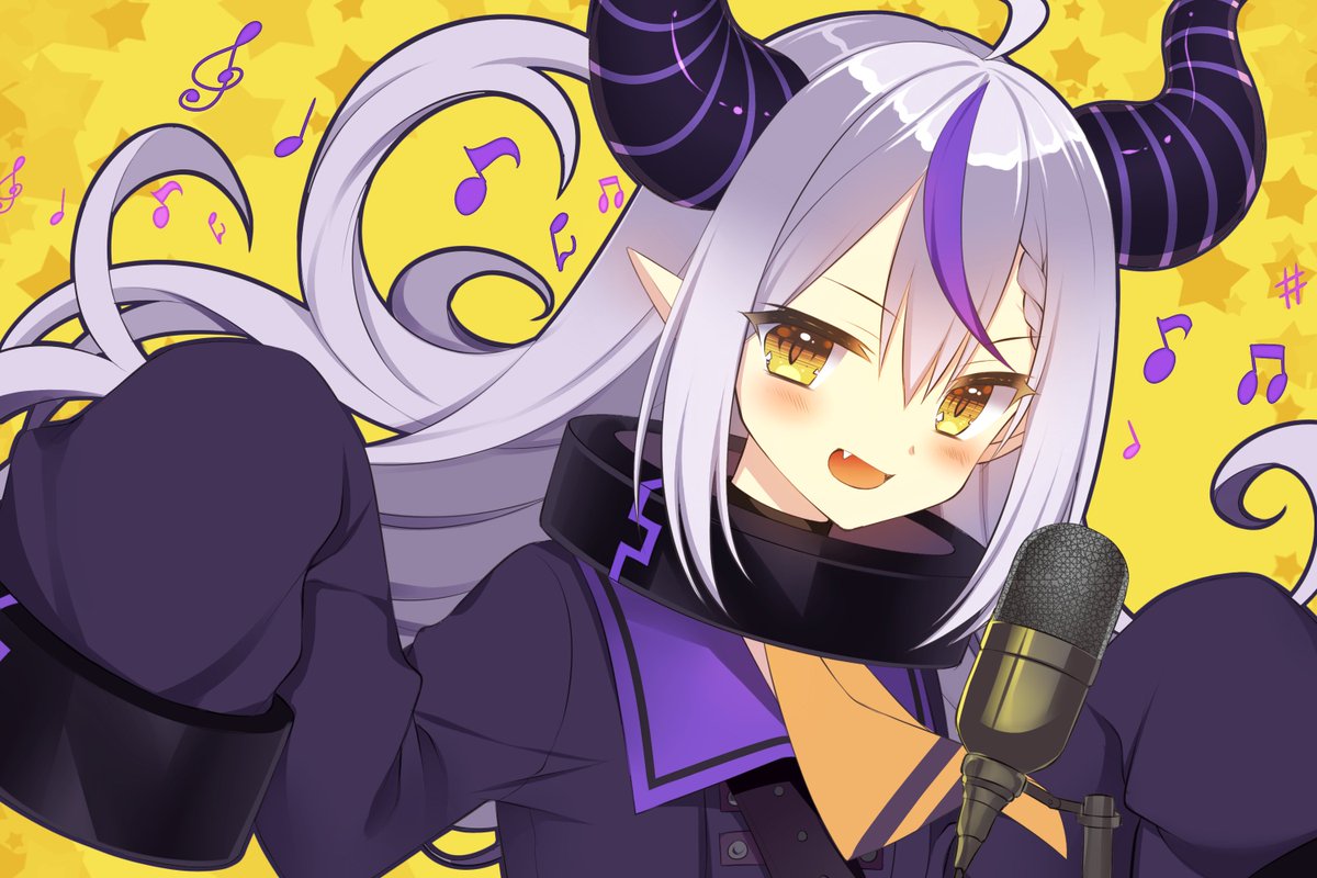 la+ darknesss 1girl solo sleeves past wrists horns microphone purple hair fang  illustration images