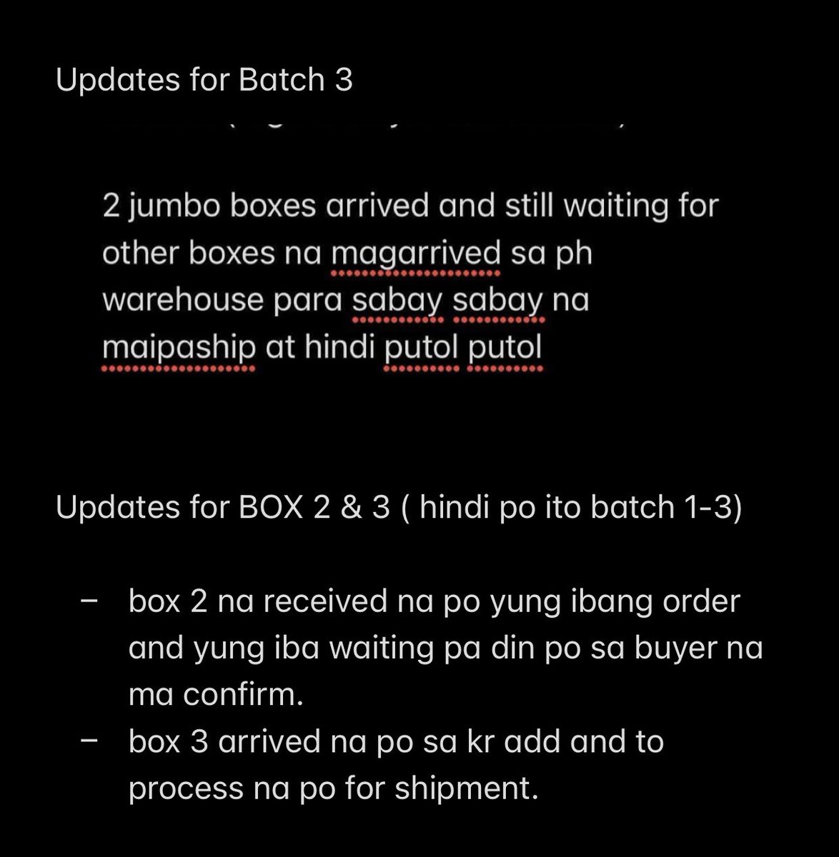 merakifreesia's tweet photo. mass update #mfsupdates 
- this is the update from my ph supplier po, yung batch 2 na namention po sa 1st photo is the batch 1&amp;2 dito sa shop ko po, may boxes na po sa ph warehouse and waiting pa din po sa remaing boxes, pasensya na po and thank you po. https://t.co/ZGq0Sioz1U