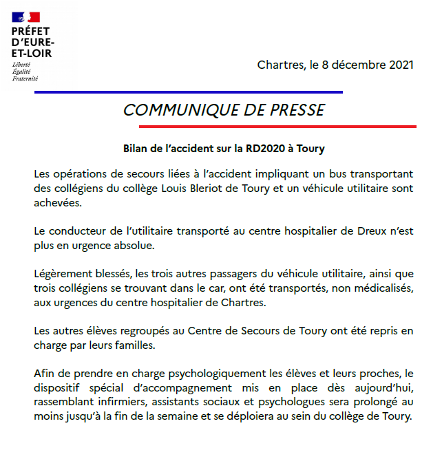 Prefet28's tweet photo. Communiqué de presse concernant le bilan de l'#accident qui s'est produit ce matin sur la RD2020 à #Toury, impliquant un bus qui transportait des collégiens et une voiture utilitaire. https://t.co/DK21dSU9IG
