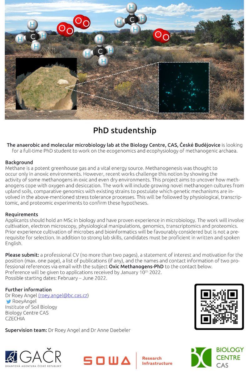 🚨 #PhD position alert!
For a newly funded #GACR project, @anne_daebeler and I are looking for a motivated student with green thumbs and ambition to do #omics to help us study the #ecogenomics of #methanogens from oxic soils.
Please help spread!
<a href="/BiologyCentre/">Biology Centre CAS</a> <a href="/Ceskebudejovice/">České Budějovice </a>