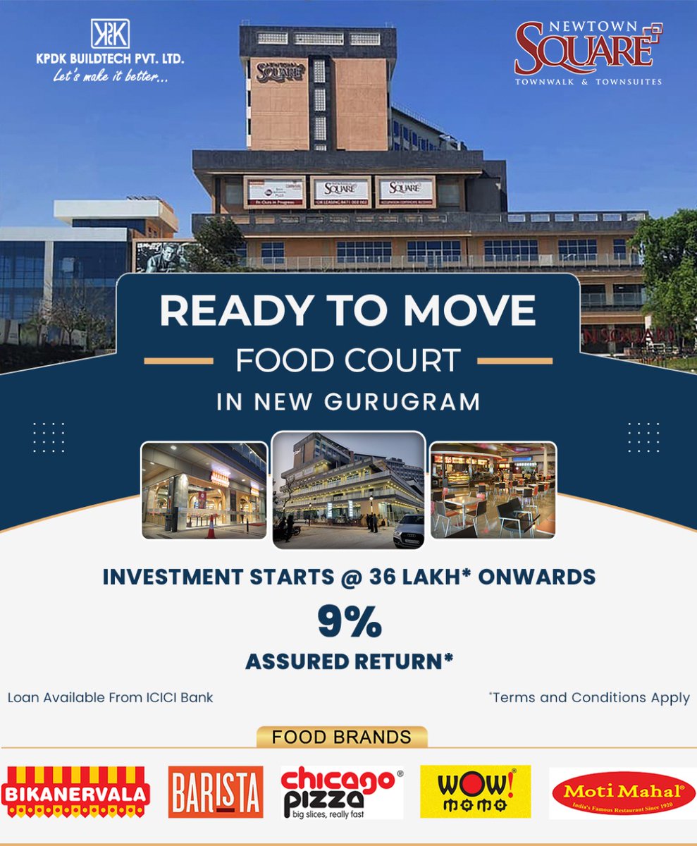 KpdkBuildtech's tweet image. The Only Ready To Move Food Court In New Gurgaon. Investments Start @ 36 Lakhs* Onwards. 9% Assured Return. For more info call - 8471002002

#KPDKBuildtech #Newtownsquare #Commercial #foodcourt #realestate #investment #realestateinvesting #realestateinvestor #realestatenews