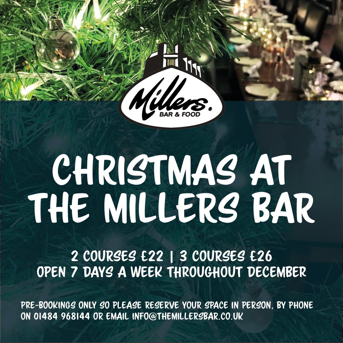 We plan to open extra Mon &amp; Tues this Dec 13/14/20/21/27/28 from 12pm-10pm (food 8pm).
Xmas Eve 12pm-12am (food 8pm).
Xmas Day for drinks 11am-2pm.
Boxing Day 12pm-8pm (food 6pm).
NY Day 12pm-8pm (food 6pm).
Thanks for your support🎄
Menus at themillersbar.co.uk