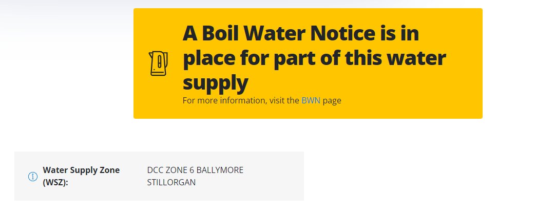 Serenam89's tweet photo. Hi @IWCare I need help in confirming if the boil water notice affects my area. I am located in Dublin1. I receive the attached warning when entering my address on your site. Can you help? https://t.co/y3S9Lr6bxG
