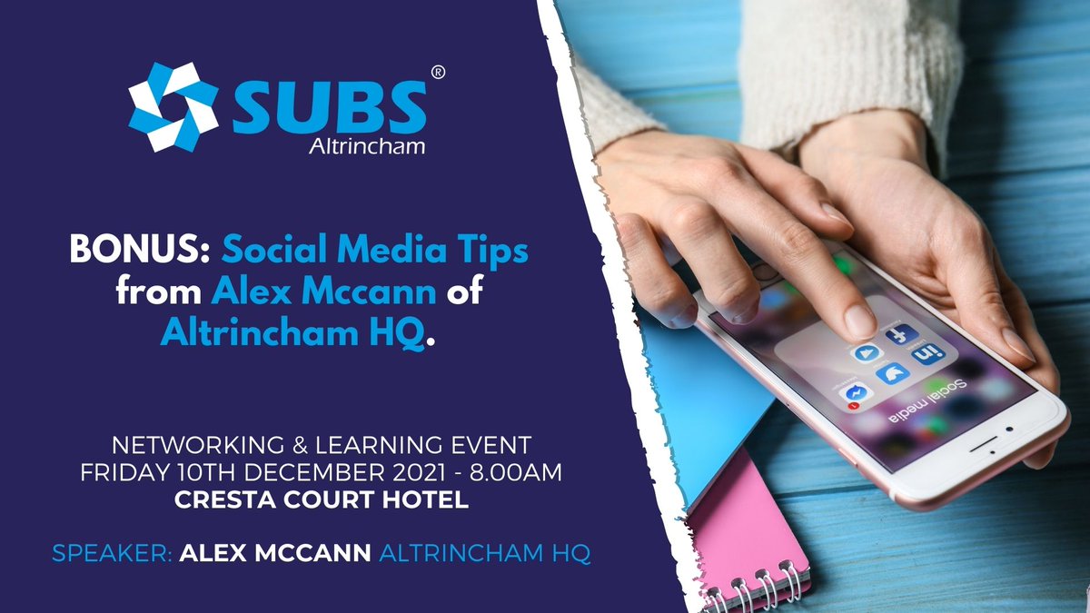 Let's meet again this Friday for our last face to face event of the year w/ SUBS Altrincham's Networking &amp; Learning Event in Cresta Court Hotel at 8am!

Plus, there’s the added bonus of learning from our very own SUBS Partner, <a href="/altrinchamhq/">Altrincham HQ - Social Media Marketing in Manc</a> 

Join us here: portal.subsbusinessevents.co.uk/post/subs-altr…