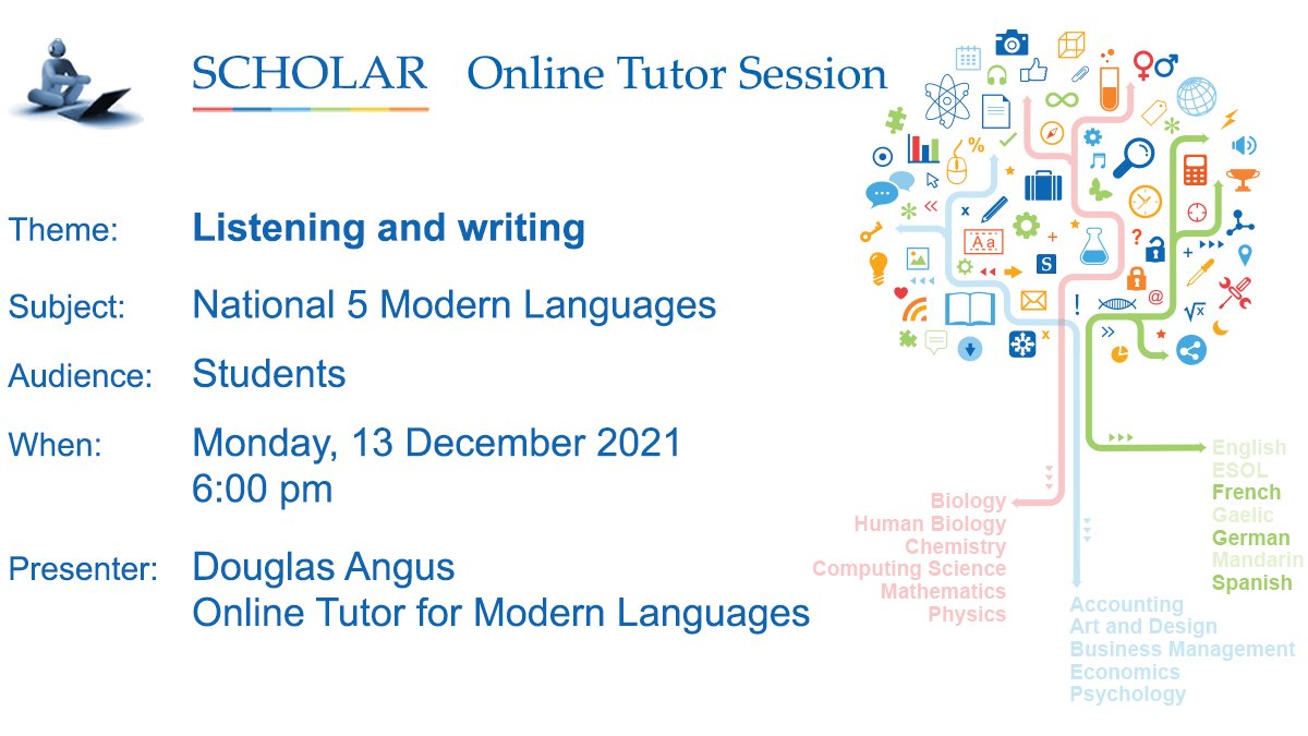 ScholarUK's tweet photo. Studying National 5 Modern Languages? Join our Online Tutor Session at 6:00 pm today, Monday 13 December https://t.co/A44D2Gw4vY

#Nat5 #ModernLanguages #French #German #Spanish https://t.co/nDkHr3tkPU