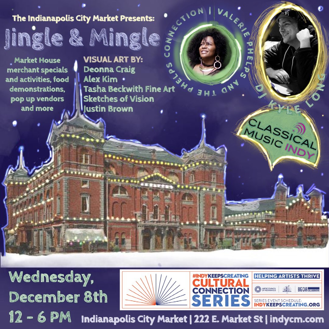 IndyDMD's tweet photo. Visit the @IndyCM TODAY for Jingle and Mingle from noon to 6pm 🎶 Support local vendors, artists, and enjoy jingles from @valeriephelps49, @clssclmusicindy + @DJKyleLong! #ReclaimingTheSpace #IndyKeepsCreating #LoveIndy https://t.co/oeYWBOLkY9
