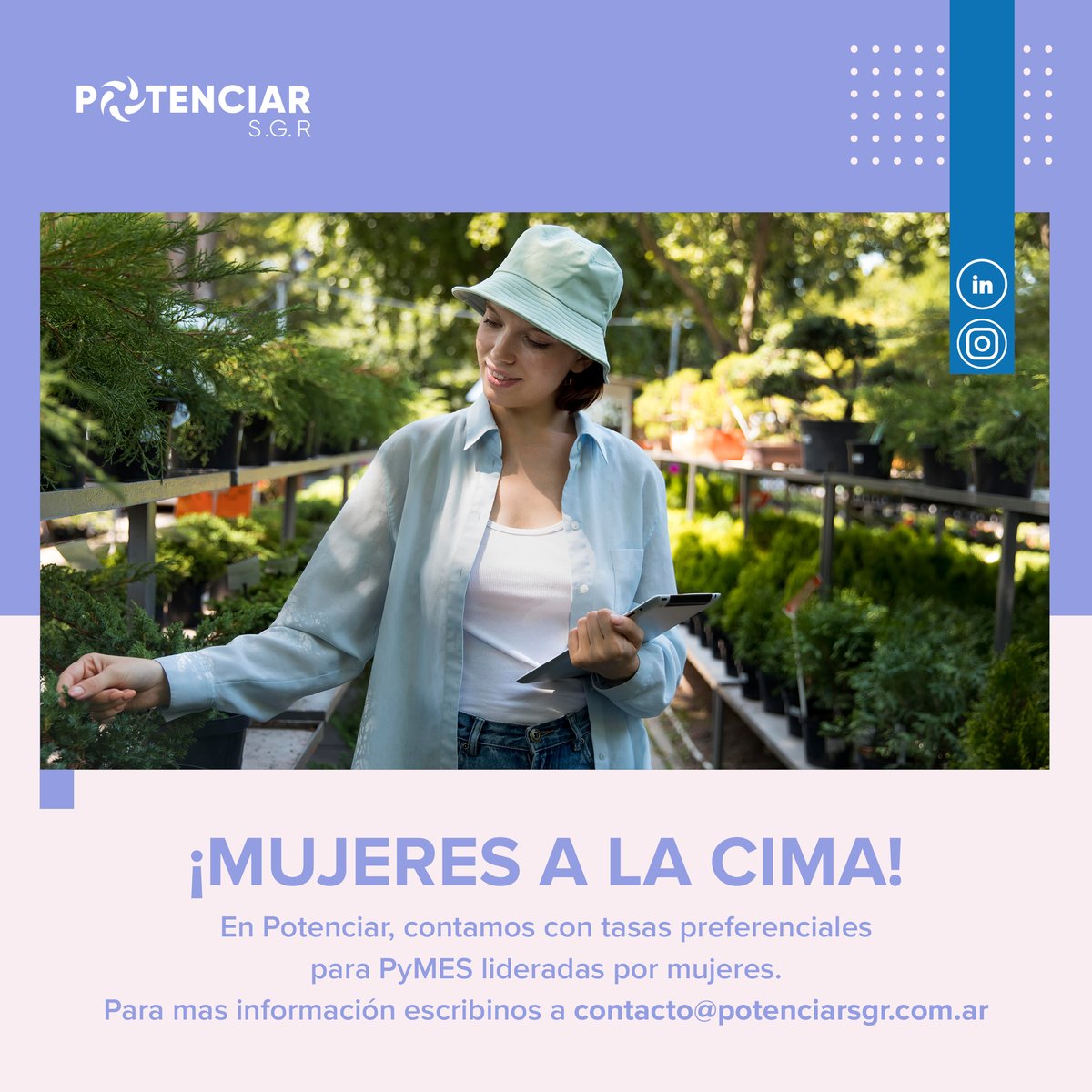 PotenciarSGR's tweet photo. Desde Potenciar ofrecemos las mejores condiciones para Pymes lideradas por mujeres #mujeresalacima
Para mas información escribinos a contacto@potenciarsgr.com.ar https://t.co/W2umr47Iy7