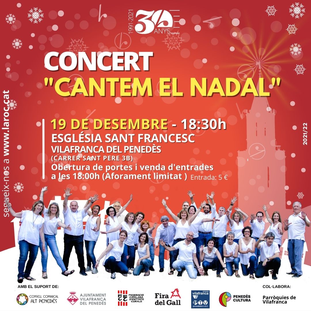 Us presentem el concert "Cantem el Nadal". La genialitat de les tradicionals nadales i la força de diferents peces modernes adaptades al cant coral arriben a Vilafranca aquest Nadal.
El proper diumenge 19 de desembre, a les 18:30h a l’Església de Sant Francesc (C/Sant Pere 3B).