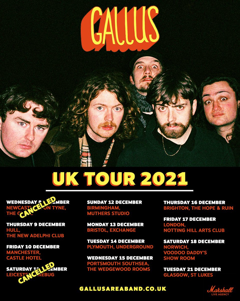 We were due to start our tour today but covid has forced the promoters to cancel our shows in Newcastle and Leicester 💔 refunds from point of purchase. Sadly completely out of our hands 😢

The show goes on in Hull tomorrow  <a href="/TheAdelphiClub/">The New Adelphi Club</a>!

gallusareaband.co.uk/tour