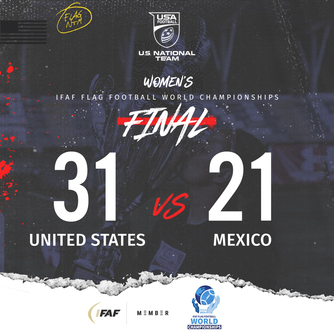 USNFT's tweet photo. Congratulations to the Women's Flag National Team on their gold medal victory! Great work!

#usallin #flagfootball #roadtobhm
@USAFootball @IFAFMedia https://t.co/qqvW7YsoWP