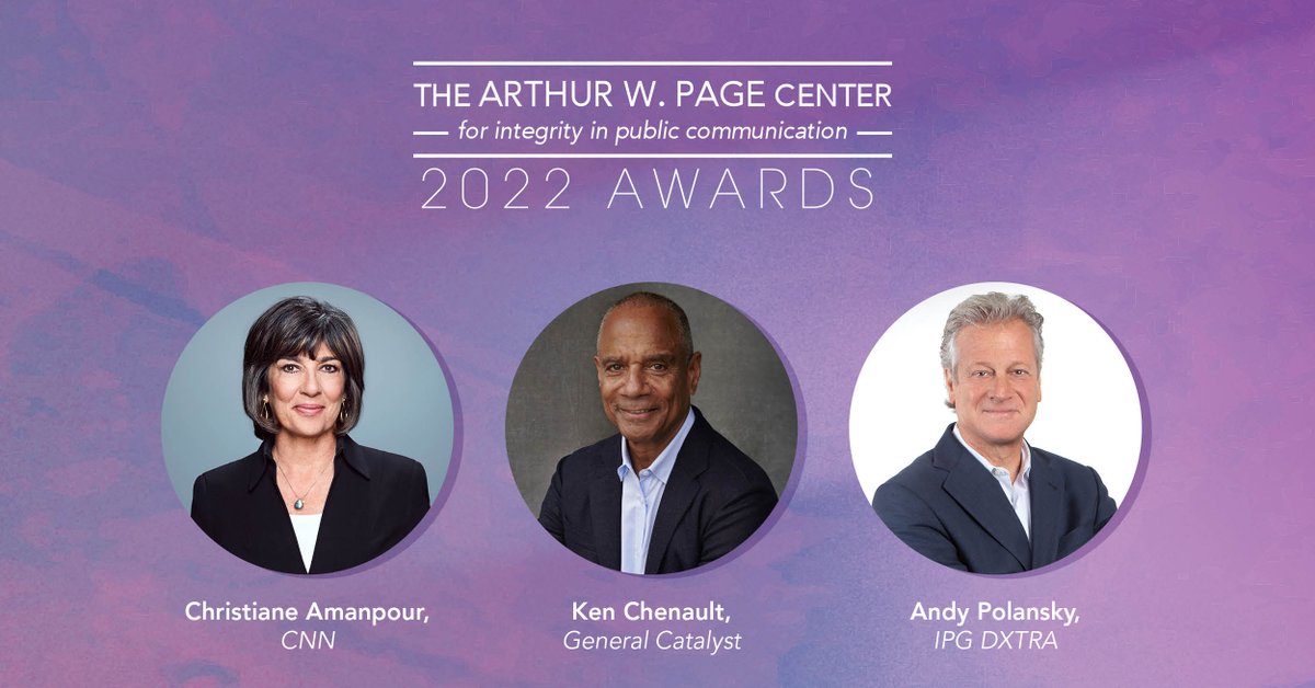 The #PageCenterAwards will honor @amanpour, @ChenaultKen and @andypolansky on Feb. 23, 2022. You can join these icons of integrity at this virtual event. Registration is free and open to all: Learn more: bellisario.psu.edu/page-center/ev…