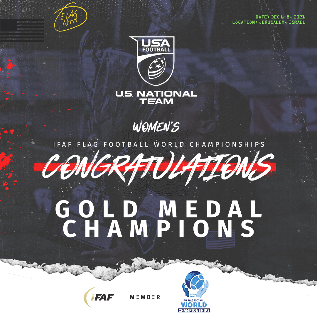 USNFT's tweet photo. Congratulations to the Women's Flag National Team on their gold medal victory! Great work!

#usallin #flagfootball #roadtobhm
@USAFootball @IFAFMedia https://t.co/qqvW7YsoWP