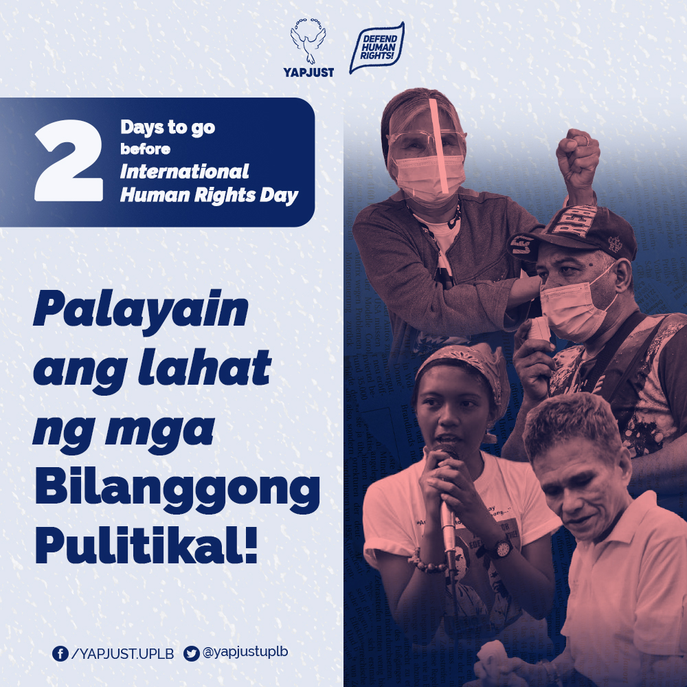 yapjustuplb's tweet photo. In the coming International Human Rights Day, we amplify our call to immediately release political prisoners who were held victims of the Duterte administration’s war against dissent.
#STFightsBack
#ResiSTcrackdown
#NeverForgetBloodySunday
#DefendSouthernTagalog https://t.co/3AZJfqZaXH