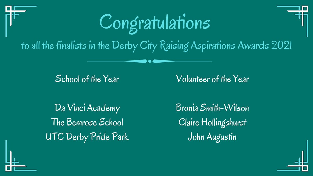 E4E Derby (@e4ederby) on Twitter photo Five hours to go!
A final congratulations to our finalists in the School of the Year and Volunteer of the Year categories.
Looking forward to seeing you all tonight
<a href="/davincilead/">Da Vinci Academy</a> <a href="/BemroseSchool/">The Bemrose School</a> <a href="/UTCDerby/">UTC Derby Pride Park</a> <a href="/broniasw/">Bronia Smith-Wilson</a> <a href="/CHollingshurst/">Claire_Hollingshurst</a> and <a href="/JaugustiJohn/">John Augustin</a> Five hours to go!
A final congratulations to our finalists in the School of the Year and Volunteer of the Year categories.
Looking forward to seeing you all tonight
<a href="/davincilead/">Da Vinci Academy</a> <a href="/BemroseSchool/">The Bemrose School</a> <a href="/UTCDerby/">UTC Derby Pride Park</a> <a href="/broniasw/">Bronia Smith-Wilson</a> <a href="/CHollingshurst/">Claire_Hollingshurst</a> and <a href="/JaugustiJohn/">John Augustin</a>