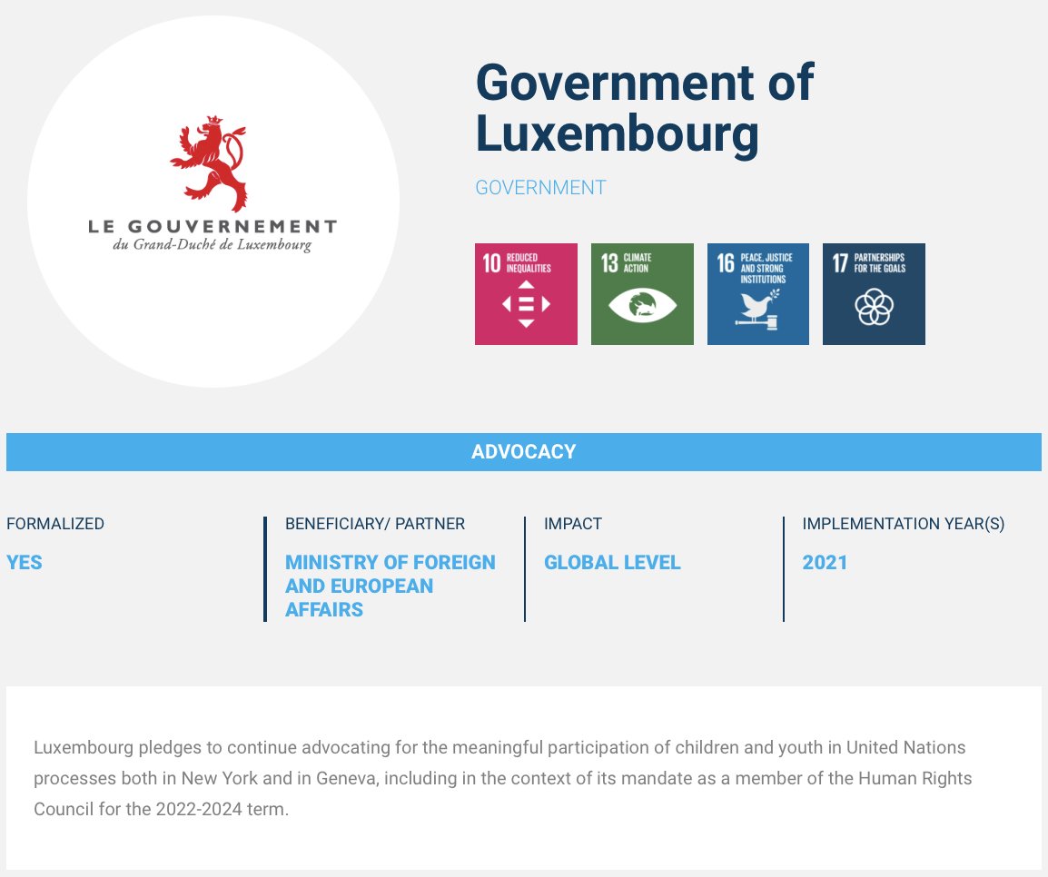 LuxembourgUN's tweet photo. Child and youth participation is 🔑 for the @UN to remain pertinent for future generations

Pledge 5⃣: #Luxembourg🇱🇺 pledges to continue advocating for the meaningful participation of children and youth in UN processes in NY and Geneva, incl. as an incoming @UN_HRC member

#CY21 https://t.co/QtaYifdW5a