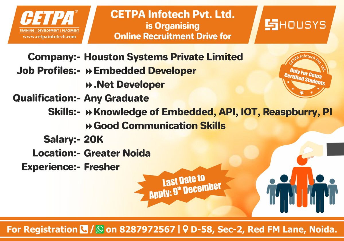 cetpainfo's tweet image. #CETPA Infotech Pvt. Ltd. Is Organising Online Recruitment Drive for - Houston Systems Private Limited
👉 On 9th Dec 2021
🔗 applyjob.cetpainfotech.com/JobPortal/Job-…
📱8287972567
#EmbeddedDeveloper #DotNetDeveloper #JobSeekers #JobVacancy #JobOppertunities #OnlineRecruitmentDrive