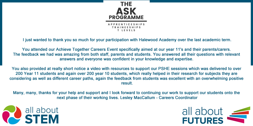 Thank you so much to @HalewoodAcademy for your phenomenal feedback! We're so glad to hear that you enjoyed your ASK sessions with Zoe & that learners & parents took the time time to share their thanks too. @AllAboutSTEM @NorthASK @AmazingAppsUK @Apprenticeships @FireItUp_Apps