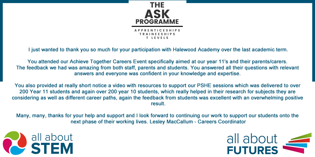 Thank you so much to <a href="/HalewoodAcademy/">Halewood Academy</a> for your phenomenal feedback!

We're so glad to hear that you enjoyed your ASK sessions with Zoe &amp; that learners &amp; parents took the time time to share their thanks too.

@AllAboutSTEM <a href="/NorthASK/">NORTH REGION ASK</a> <a href="/AmazingAppsUK/">Amazing Apprenticeships</a>  <a href="/Apprenticeships/">Apprenticeships</a> @FireItUp_Apps