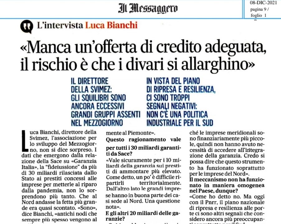 svimez's tweet image. I problemi del sistema bancario, l'assenza di una strategia dell'offerta di credito che guarda al #Mezzogiorno, mentre la testa dei sistemi bancari è al Nord. Questo ed altro nell'intervista rilasciata oggi a @ilmessaggeroit dal Direttore #Svimez Luca Bianchi.
#banche #credito