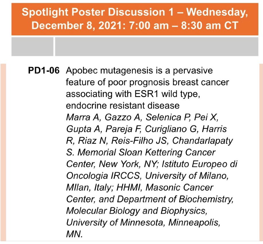 PTarantinoMD's tweet photo. #SABCS21 day 2 starts with posters and spotlight posters discussion

Check out this interesting poster being discussed by @antoniomarraMD from #CuriglianoLab @MSKCC_BreastCA evaluating the prognostic impact of APOBEC mutagenesis in breast cancer https://t.co/TrdHWh6App