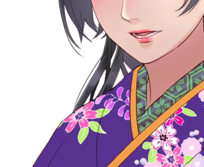 女の子の塗り、あとは着物だ〜٩( ᐛ )و 今回メイキングを見ながら艶々の黒髪と唇を可愛く描けたのが嬉しい そしてまだ虎が控えている…  #途中経過 #wip #年賀状絵