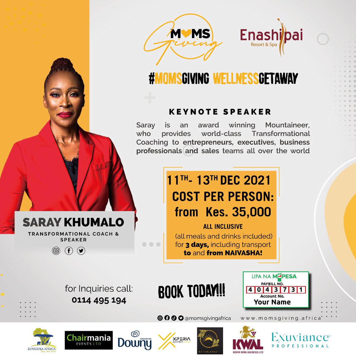 momsgiving's tweet photo. Do not miss this opportunity of a lifetime to meet our Keynote speaker; the incredible @saraykhumalo mother, mountaineer, coach, entrepreneur and so much more. Grab your tickets today. Only a few spaces left
#momsgiving2021 #justbreathe #momcation https://t.co/w68xCGvN9F