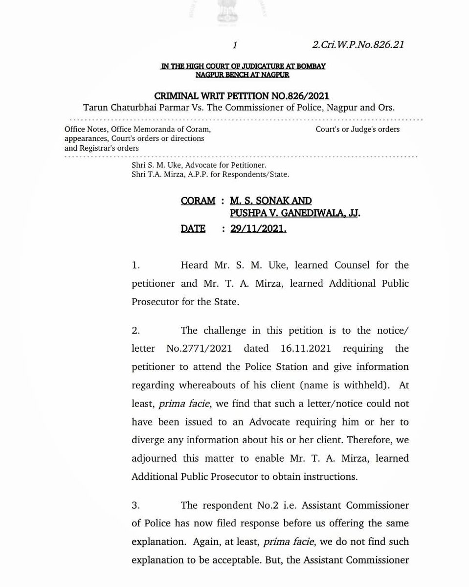 BeingLawman's tweet photo. POLICE OFFICIALS CANNOT FORCE A LAWYER TO TELL WHEREABOUTS OF HIS CLIENTS...
#BombayHighCourt (NagpurBench) has observed that probe agencies can't force #Lawyers to disclose the whereabouts of their clients.
#BombayHighCourt #Equity #Integrity #Humanity #BeingLawman #Maharashtra https://t.co/svh0rxYgbH