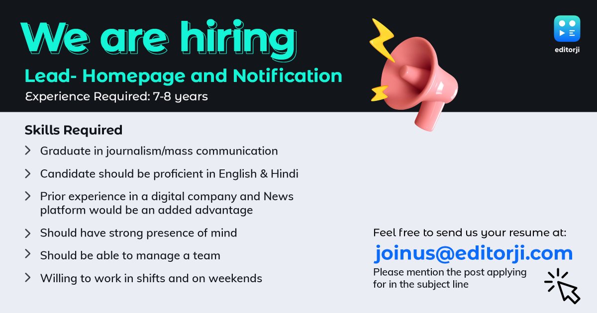 editorji (@editorji) on Twitter photo We are #hiring! Looking for someone to lead our news app's homepage and notification team.
Write to us at joinus@editorji.com to apply.
RT this for good karma ✨ | #JobAlert #hiringnow We are #hiring! Looking for someone to lead our news app's homepage and notification team.
Write to us at joinus@editorji.com to apply.
RT this for good karma ✨ | #JobAlert #hiringnow