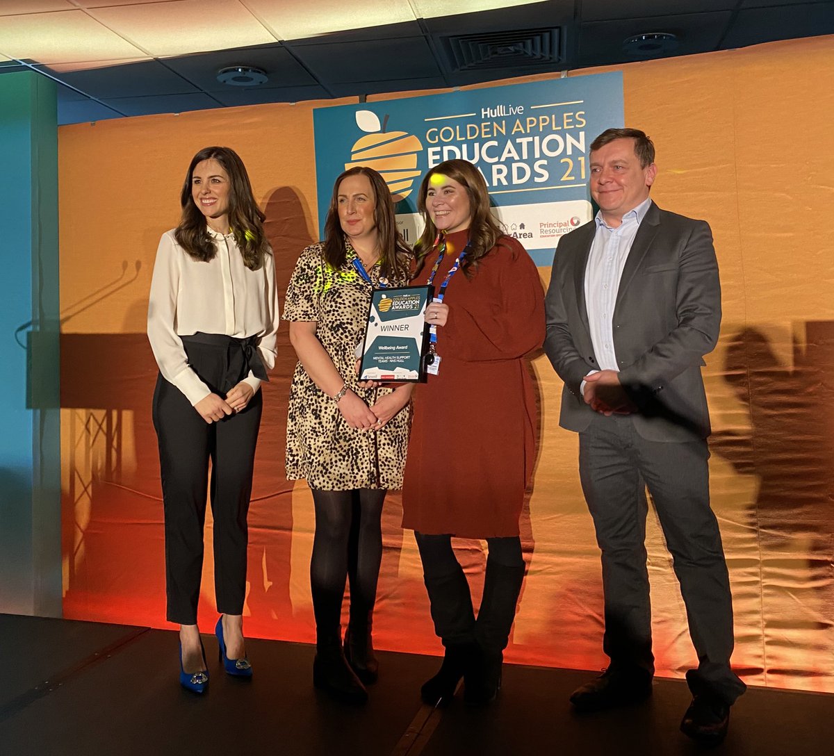 HullHCP's tweet photo. We are so proud that Hull Mental Health Support Teams have won the Wellbeing Award at today’s #HLGoldenApples awards! Very well deserved recognition for an incredible service which is set to officially launch in January 2022 🎉 https://t.co/cYPwLAF5sD