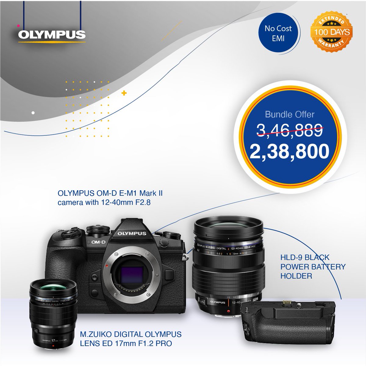 OlympusProIndia's tweet photo. Buy yourself amazing Olympus E-M1 MarkII Camera with 12-40mm lens along with 17mm lens &amp; HLD-9 Black Power Battery Holder.

Offer Valid at all OMD Zone in India. 

You can also get extra 100 days extended warranty after registering your Camera &amp; lenses.
We also offer No Cost EMI. https://t.co/5StNJQd25x