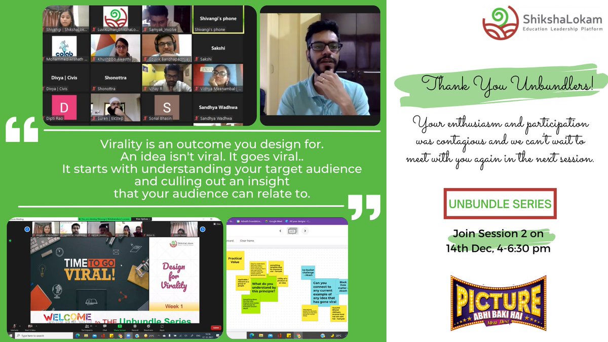 ShikshaLokam's tweet photo. Grateful to @Sahamanyu for kicking off the #Unbundle 2021 series! Learning how to #design for #virality, together! 

Sign up here - https://t.co/6dvwAQW5Od for the next session on Dec 14. 

Stay tuned for details! 

#designthinking #designinspiration #EdLeadership https://t.co/LYf1kxnuWZ
