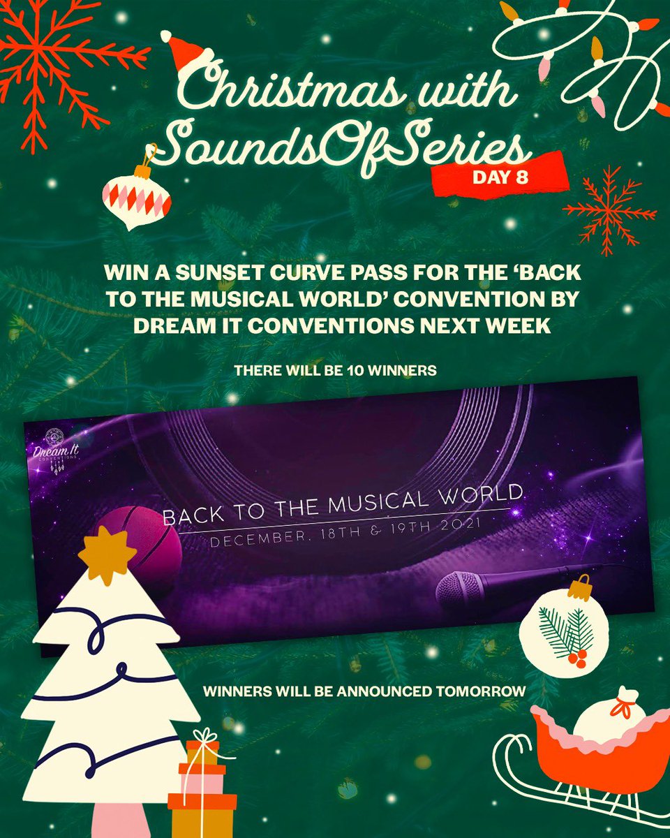 SoundsOfSeries's tweet photo. #CHRISTMASWITHSOS - Day 8
Win a Sunset Curve pass for the 'Back To The Musical World' convention by @DreamitCon #BTTMW
To enter :
▪️ Follow @SoundsOfSeries & @DreamitCon on Twitter & Insta
▪️ RT this tweet
▪️ Tag 2 friends
▪️ Subscribe to our channel: https://t.co/LcicAt5y9l https://t.co/amDCywcQql