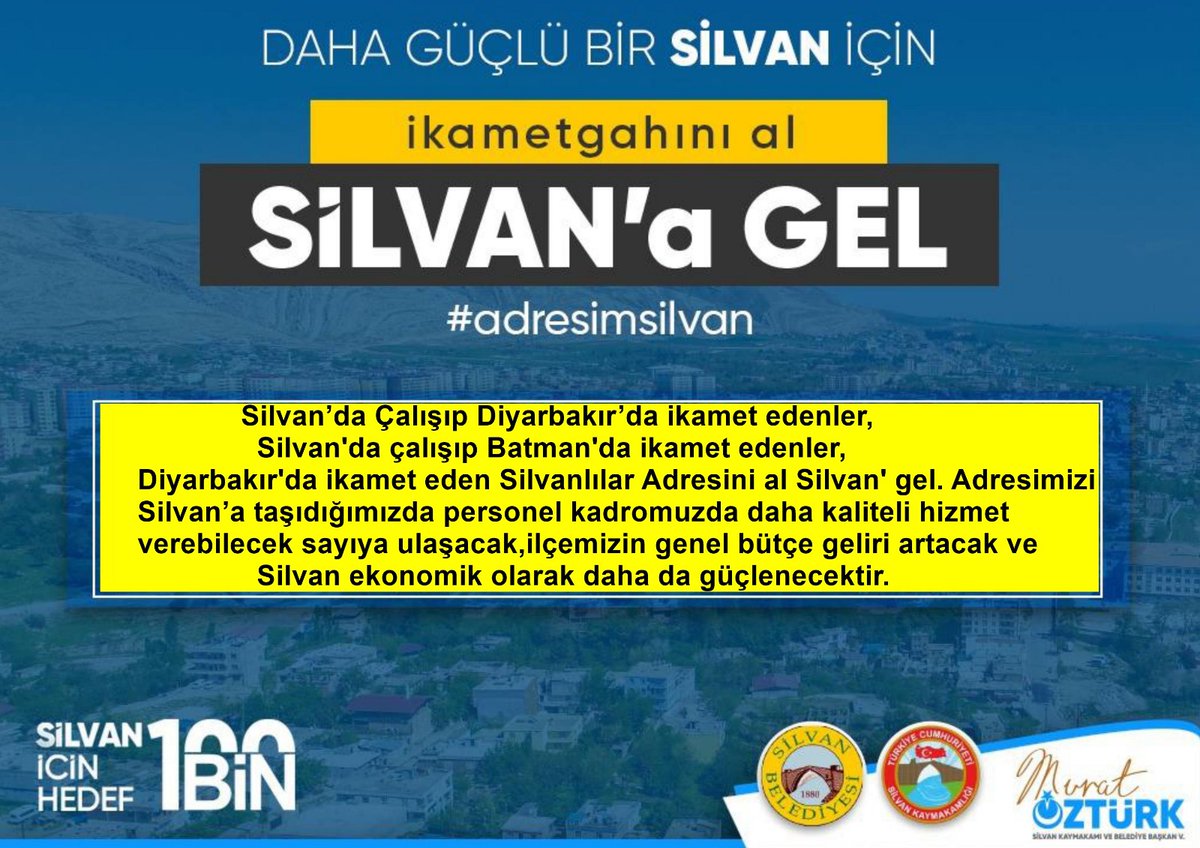 SilvanKaymakam's tweet photo. "DAHA GÜÇLÜ BİR SİLVAN İÇİN"
ikametgahını al Silvan'a gel
#adresimsilvan
#Silvan için #Hedef100Bin https://t.co/ZaRpn12R5l