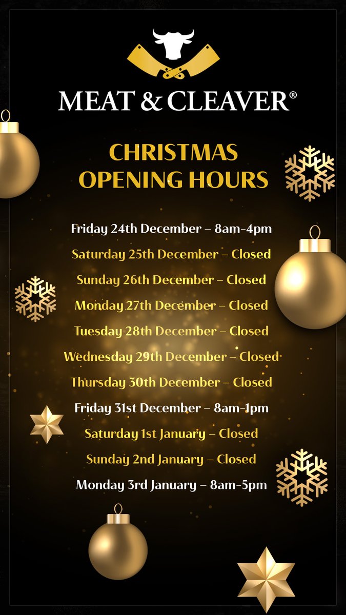 meatandcleaver's tweet photo. With the exception of New Year's Eve, we're closed over the festive season - so, be sure to get your orders in early!

#christmaswithMeatandCleaver #christmas2021 #christmasiscoming 🎁🎄 https://t.co/Gb4uQpAQyd