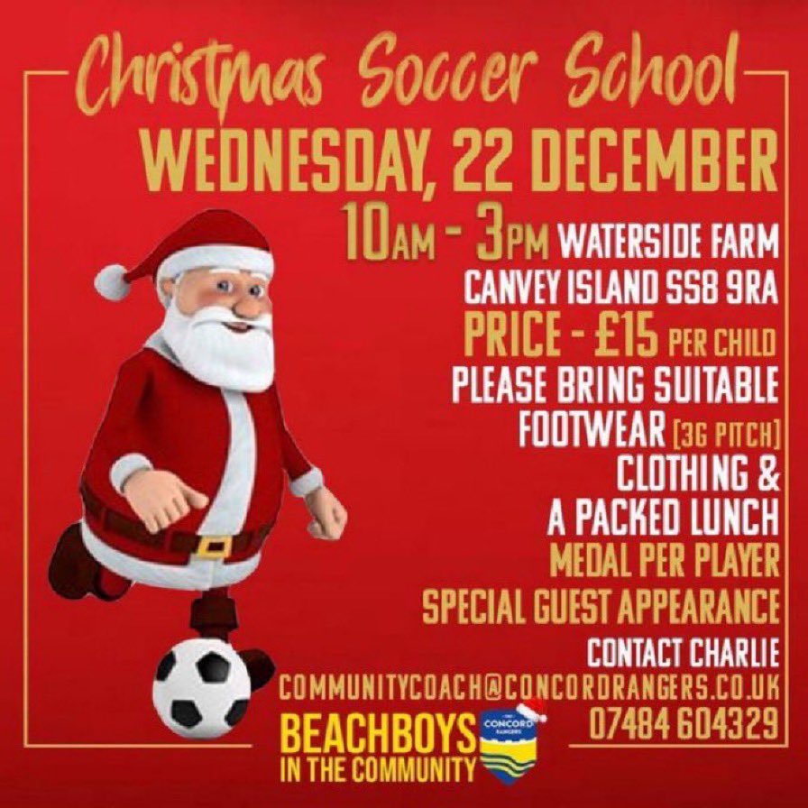 ConcordRangers's tweet photo. SOCCER SCHOOL: 

Our Christmas Soccer School is back this December for one day only! 

To book your child’s pace email Charlie: community@concordrangers.co.uk 

#YAMC 💛💙 https://t.co/uWqpJdK7sc