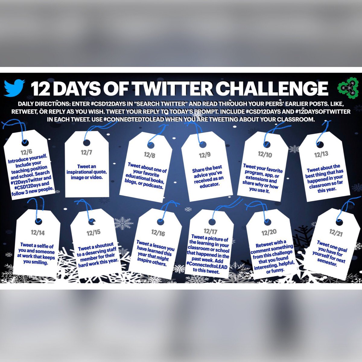 Have you done Day 1 &amp; 2 of #CSD12Days’s #12DaysofTwitter? 

TODAY is DAY 3! Don’t forget to share.😊 #@GoogleForEdu #AppleEdu #sced #teachSC #loveSCschools #ConnectedtoLEAD #educoach #edchat #ETCoaches #ForTheLoveOfLearning #edtech #edtechcoaches