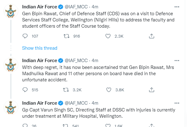 timesofindia's tweet photo. CDS Gen #BipinRawat killed in chopper crash in Coonoor, Tamil Nadu, IAF confirms. https://t.co/QKDtODD6lZ