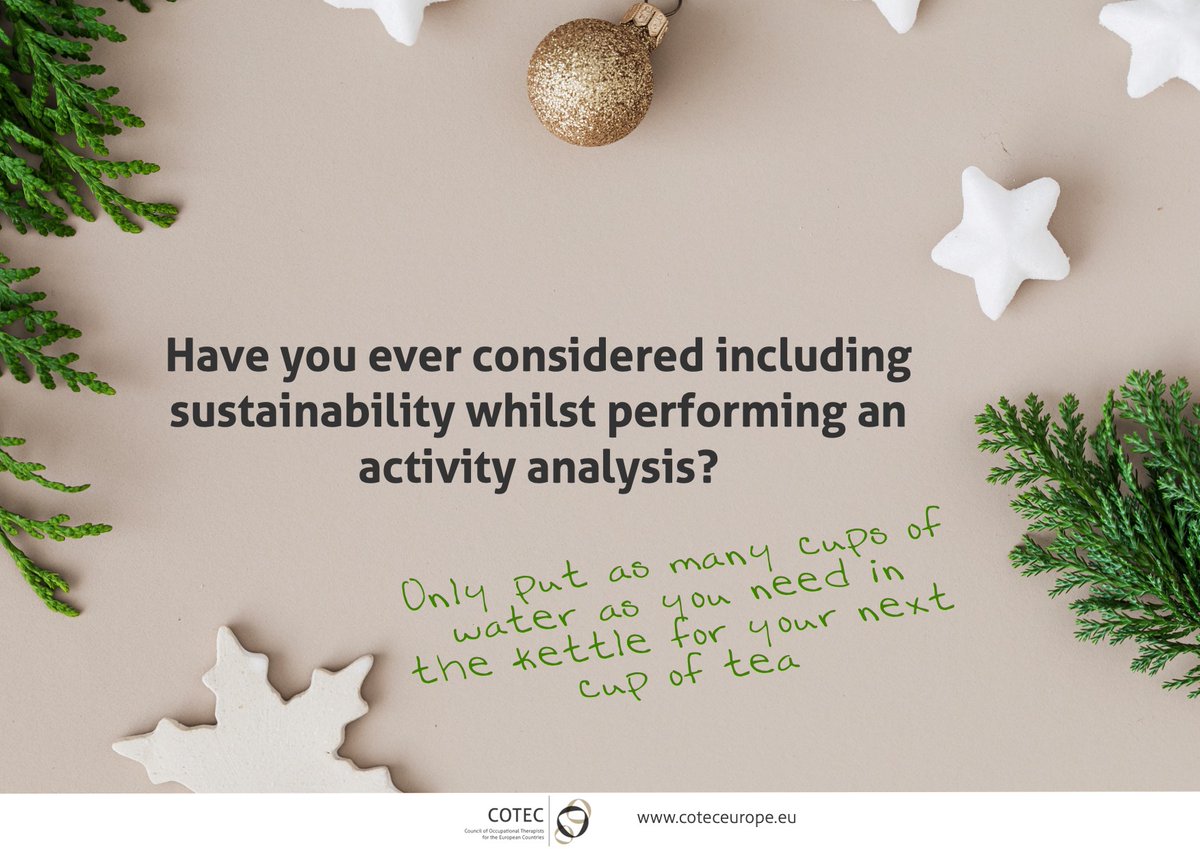 Can the "doing" be done in a more eco-friendly and sustainable manner? Today's top tip for our #12sustainabledaysofChristmas asks Occ Therapists to consider this in daily practice.

For more information on the concept of 'Ecopation' check out this article doi.org/10.1080/144275…