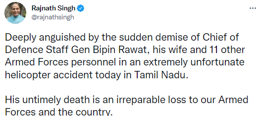 Defence Minister Rajnath Singh expresses anguish over the demise of first Chief of Defence Staff Bipin Rawat, his wife and 11 others in the IAF chopper crash, earlier today in Tamil Nadu