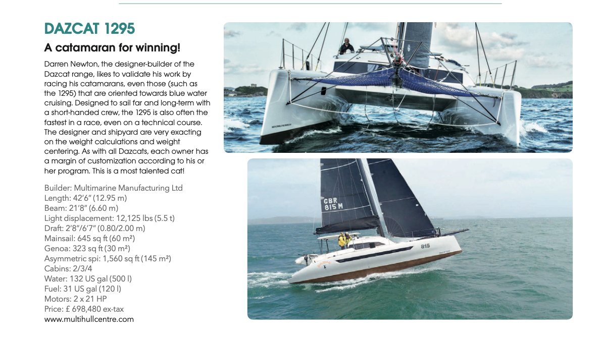 DazcatCatamaran's tweet image. Thanks @MultihullsWorld for including our Dazcats 1295 &amp;amp; 1895 in the latest Buyer's Guide issue. If you want to compare multihulls we recommend subscribing to the magazine in French or English: multicoques-mag.com|https://t.co/EN6h94PGfZ 
#multicoque  #catamaransailing