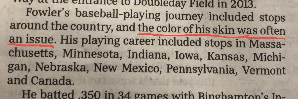 rexparker's tweet photo. Also you can fuck alllllll the way off with this weaselly passive-voice bullshit. “The color of his skin was often an issue”?!? Huh, interesting, why was that? DO GO ON. #baseball #HallOfFame #BudFowler @pressconnects https://t.co/99ptxbOV47