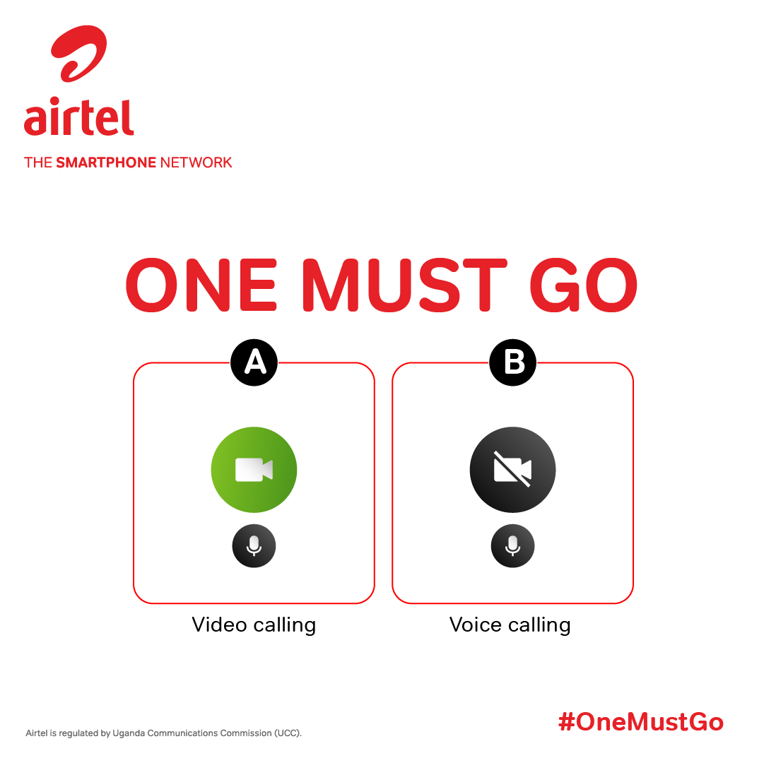 Airtel_Ug's tweet photo. We have all experienced the hassle of 'looking for a good background' when a video call comes through. So we ask - Voice calls or video calls? Which one must go? 
#OneMustGo https://t.co/yr2vYMkN9v