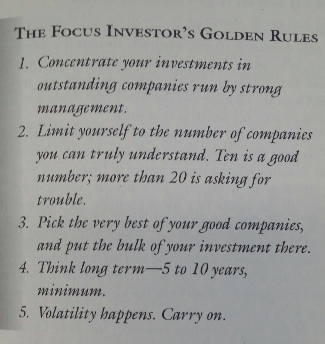 Robert Hagstrom in his book "The Essential Buffett" summarizes the focus investor's golden rules. Here they are: