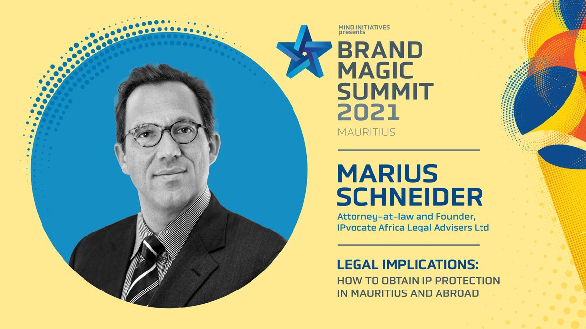BrandMagicMU's tweet photo. Joining us now, Marius Schneider, Attorney-at-law and Founder from IPvocate Africa Legal Advisers Ltd. He will be talking on Intellectual Property Rights, focussing on "How to obtain IP Protection in Mauritius and Abroad".
#brandmagicsummit2021 #HappeningNow https://t.co/Xq8k0IkdRV
