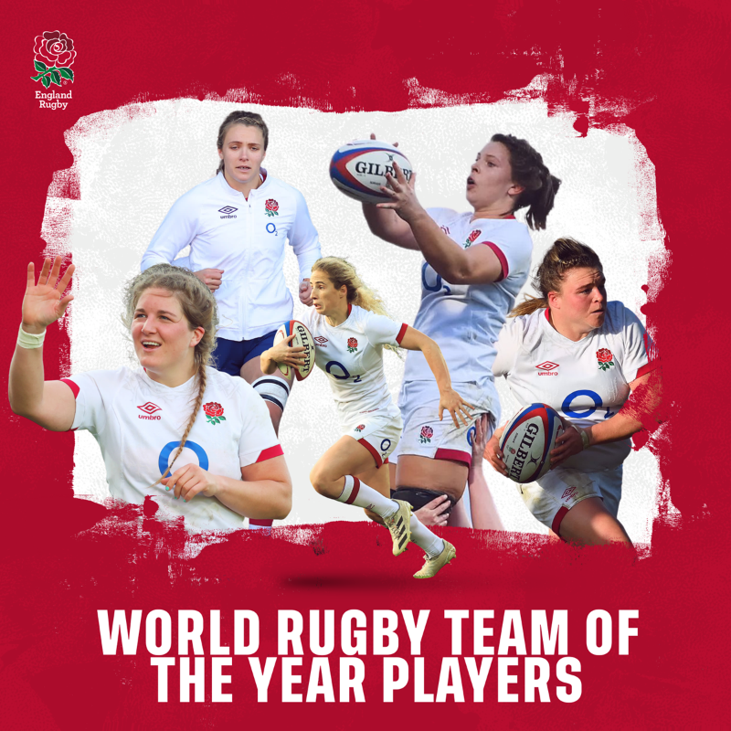 EnglandRugby's tweet photo. ⭐ Poppy Cleall
⭐ Abbie Ward
⭐ Abby Dow 
⭐ Sarah Bern
⭐ Zoe Aldcroft

Five #RedRoses players have been named in the @WorldRugby Team of the Year 🙌

#WorldRugbyAwards