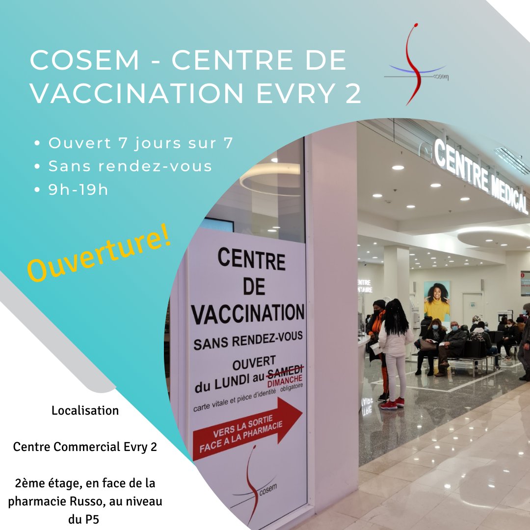 La #vaccination contre le #Covid19 est lancée au Cosem <a href="/VilledEvryCourc/">Ville d'Évry-Courcouronnes</a>, situé au 2ème étage du centre commercial Evry 2. Venez vous faire #vacciner sans rdv du lundi au dimanche de 9h à 19h ! 💉👨‍⚕️