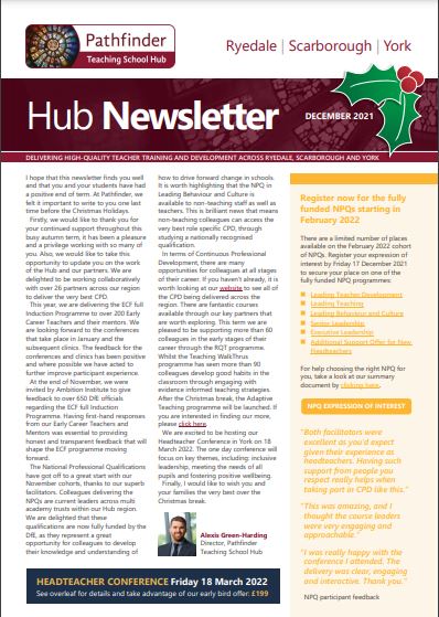 Check out our Christmas Hub Newsletter which includes information about our Headteacher Conference taking place on Friday 18th March 2022 - pathfinder-tsh.co.uk/hub-news/ 
@HopeSentamuLT <a href="/eboractrust/">Ebor Academy Trust</a> <a href="/YEndeavour/">YEAT</a> <a href="/SMCCAT_SCHOOLS/">St Margaret Clitherow Catholic Academy Trust</a> @EskValleyTSA <a href="/ScarboroTeach/">Scarborough Teaching</a>