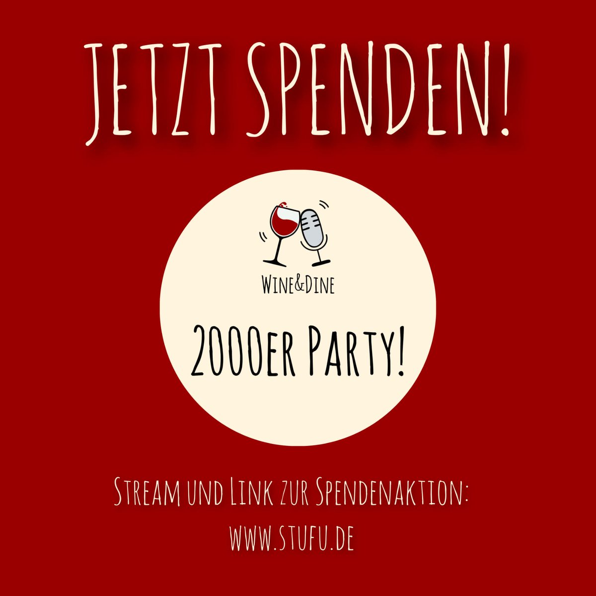 studentenfunk's tweet photo. Heute um 20 Uhr geht's endlich los mit der Wine&amp;Dine 2000er-Party🎉

Spenden könnt ihr aber schon jetzt über die Plattform @betterplace_org 🙌
Der Link zur Spendenaktion:
https://t.co/jDq49YUBr2

Den Stream findet ihr auf unserer Homepage
https://t.co/WMLVvFHVzG https://t.co/RE1J3s2LAE